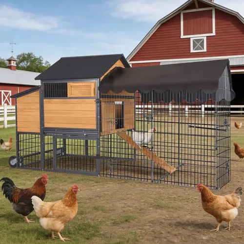 Miniatura 10 de Gallinero grande de metal con cubierta impermeable, jaula para aves de corral para caminar al aire libre con perca de gallo, corralito