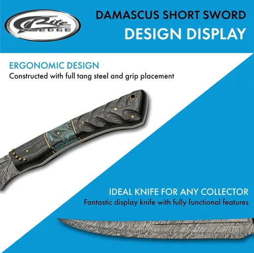 Miniatura 4 de SANZ Damascus Supplies - Espada corta de espiga completa con mango de resina de madera y turquesa, con funda de cuero, negro/turquesa/marrón, 22