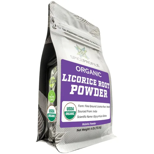 Spice Profile Polvo de raíz de regaliz orgánico USDA, probado en laboratorio para metales pesados, bolsa resellable de 4 onzas, Mulethi, Regaliz en