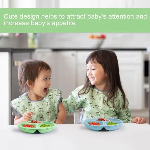 Miniatura 6 de Vicloon Plato de vajilla para niños pequeños, 2 piezas de placa de silicona con compartimentos divididos, placas de succión para bebés y niños Verde