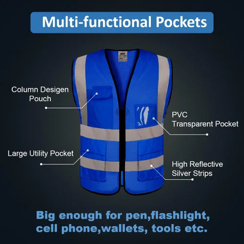 Miniatura 6 de BeautyWill Chaleco de seguridad con logotipo personalizado Class2 Chaleco reflectante de alta visibilidad con bolsillos y cremallera chaleco