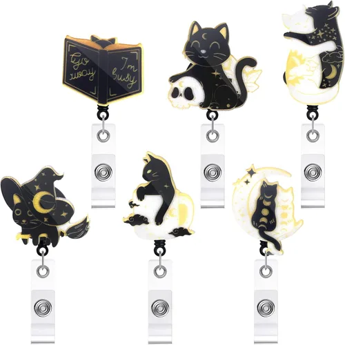 BBTO 6 piezas de carrete de insignia de gato negro encantador acrílico retráctil para identificación, clips de insignia/clip de carrete con clip de