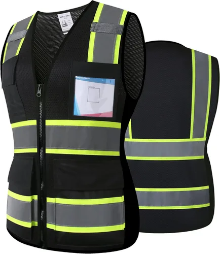 Chaleco de seguridad reflectante de alta visibilidad para hombres y mujeres con bolsillos y cremallera frontal, cumple con los estándares ANSI/ISEA