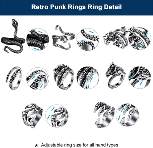 Miniatura 3 de Hicarer 8 piezas vintage punk anillos dragón serpiente pulpo Halloween anillo ajustable, Acero inoxidable