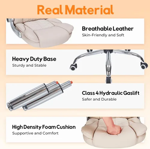 Miniatura 6 de Silla de oficina ejecutiva de 400 libras con reposabrazos abatibles, silla de computadora grande y alta para personas pesadas, silla ergonómica Crema
