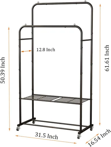 Miniatura 5 de SUOERNUO Perchero con ruedas para ropa, estante para colgar ropa resistente, estante metálico enrollable para dormitorio, armario (Negro)