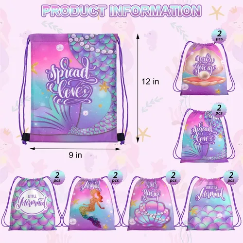Miniatura 3 de Paquete de 12 bolsas con cordón para fiesta de sirena, para cumpleaños de niños, niñas, con cordón, mochila como bolsa de botín y regalos