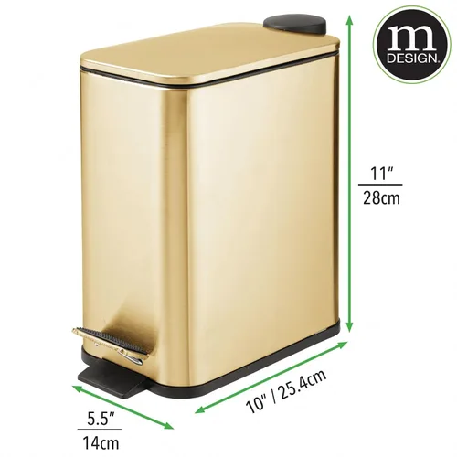 Miniatura 3 de mDesign Cubo de basura rectangular de metal delgado de 1.3 galones con pedal de pie, tapa de cierre fácil, papelera estrecha, contenedor de basura