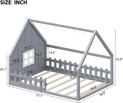 Miniatura 2 de Polibi Cama de casa de tamaño completo, marco de cama de piso de madera con ventana y valla para niños, gris