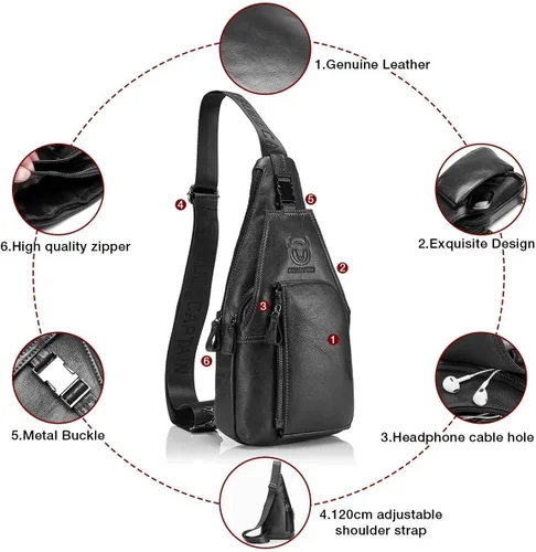 Miniatura 5 de Bolso de pecho de cuero genuino para hombre, bolso cruzado de hombro, bandolera, mochila de mensajero, mochila para negocios, casual