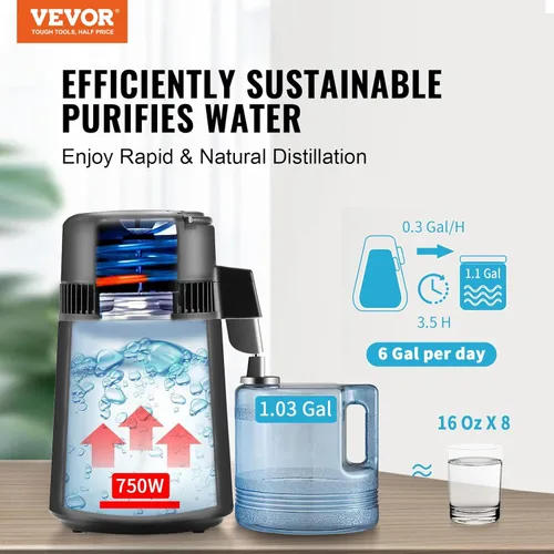 Miniatura 2 de VEVOR Destilador de agua, destilación de agua pura de 4 l/1.05 galones para encimera del hogar, máquina de agua destilada de 750 W, destilador