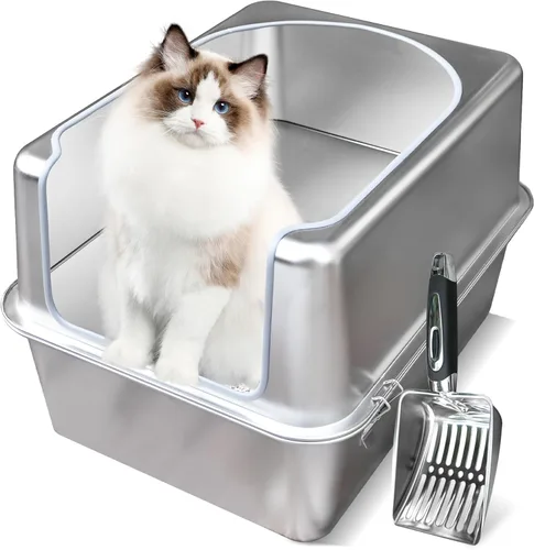 Caja de arena de acero inoxidable con tapa de metal y pala - Caja de arena de metal cerrada para gatos grandes, resistente al óxido, control de