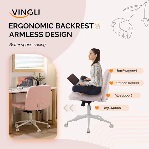 Miniatura 7 de VINGLI Silla de Patas Cruzadas, Silla de Escritorio de Oficina Ancha y Cómoda, Doble Uso con/sin Ruedas Silla de Trabajo para Computadora, Silla Rosa