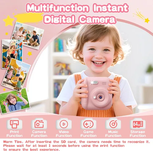 Miniatura 2 de Cámara para niños de impresión instantánea, juguetes para niños pequeños, regalos de Navidad y cumpleaños para niñas y niños, cámara digital Rosa