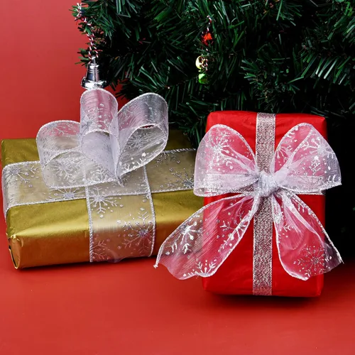 Miniatura 6 de Cinta con alambre de 2.5 pulgadas de Navidad con copo de nieve, cinta de organza con purpurina para árbol de Navidad, corona, decoración de fiesta