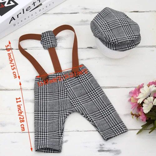 Miniatura 2 de Coberllus Accesorios para fotos de bebé recién nacido tela a cuadros para niños gorra plana y pantalones con tirantes