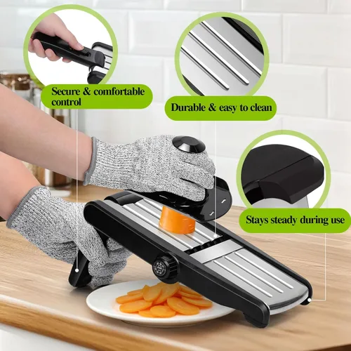Miniatura 4 de MASTERTOP Rebanadora de Mandolina, rebanadora de alimentos 5 en 1 para cocina, mini rebanadora de verduras de acero inoxidable con guante