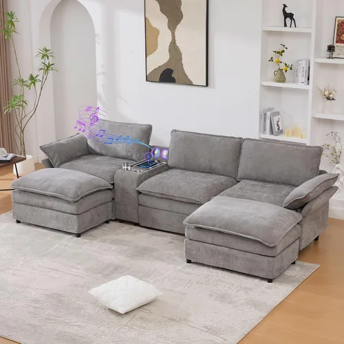 Sofá modular de 124 pulgadas, sofá nube de felpilla en forma de U con almacenamiento, 2 otomanas, carga inalámbrica, altavoz, luz, 2 soportes para
