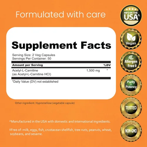 Miniatura 2 de NaturaLife Labs Acetil L-carnitina (ALCAR) 1500 mg por porción – 100 cápsulas – Sin OMG, sin gluten, vegano