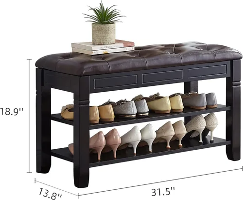 Miniatura 3 de Banco de almacenamiento de zapatos, zapatero de entrada con asiento de cuero de fibra de 2 niveles, organizador superior de madera para entrada