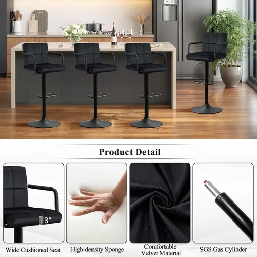 Miniatura 5 de Furniliving Taburetes de bar ajustables con respaldo, juego de 2 taburetes de bar negros, taburetes de bar de terciopelo con giro de 360°, taburetes