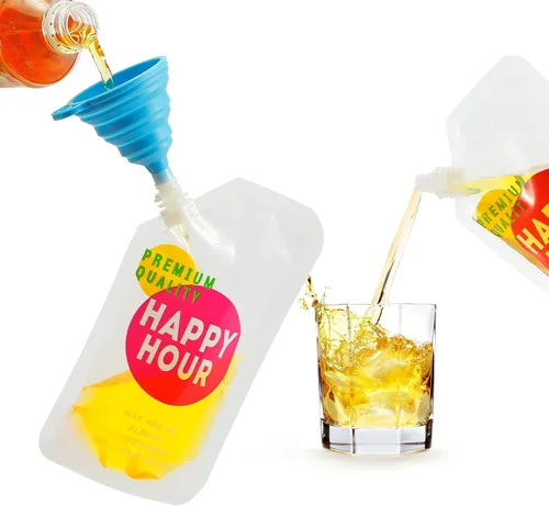 Miniatura 4 de 6 bolsas de bebidas para adultos, botellas de plástico, reutilizables, desechables, con embudo (8 onzas)
