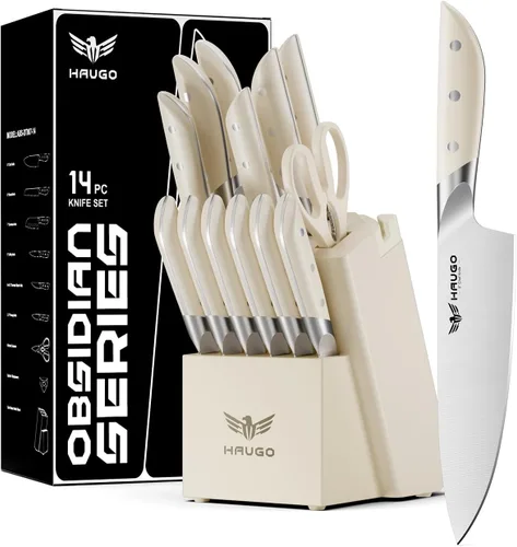 Juego de cuchillos de cocina con bloque: 14 piezas de acero inoxidable alemán de espiga completa - Agarre cómodo que reduce la fatiga de la mano 30%