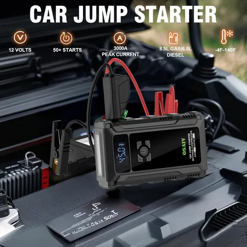 Miniatura 2 de Arrancador con compresor de aire, caja de batería de coche de 3000 A para vehículos diésel de 8.5 gas/6.5 L, inflador de neumáticos de 150 PSI