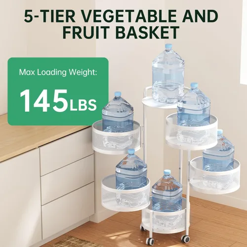 Miniatura 3 de JAQ Canasta giratoria de frutas, de metal resistente, almacenamiento multinivel de cocina, no requiere montaje, con ruedas, para frutas, verduras