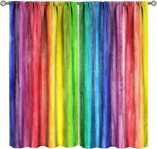 Miniatura 25 de Cortinas opacas abstractas de arco iris, pintura de color arcoíris con gotas, diseño gráfico creativo con bolsillo para barra, para sala de estar