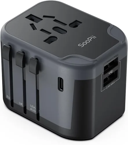 SooPii Adaptador de viaje universal, convertidores de corriente con 1 USB C y 2 puertos USB A, adaptador de enchufe de viaje 7 en 1 cargador de