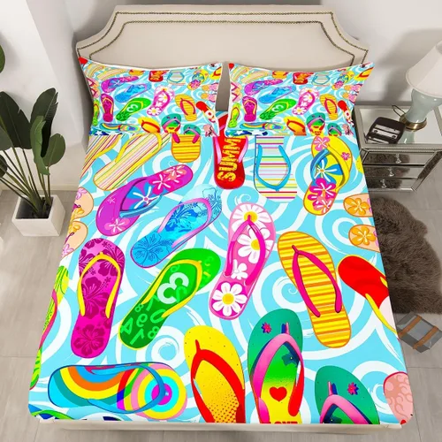 Miniatura 2 de Coloridas chanclas bajeras tamaño individual, juego de ropa de cama de vacaciones de playa oceánica de 2 piezas para decoración de habitación