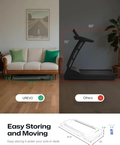 Miniatura 8 de UREVO Smart Treadmill with 9% Incline, 3-in-1 Foldable Treadmill with Handle for Home/Office Fitness, Runner-Focused Design, 6 HIIT Programs & Auto