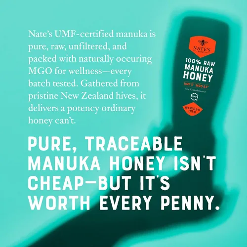 Miniatura 8 de Nate's Raw Manuka Honey New Zealand MGO 83+ Certificado UMF 5+ Botella exprimible de 13.2 oz