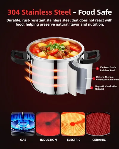 Miniatura 7 de Olla a presión de acero inoxidable de 5.3 cuartos de galón, olla a presión pequeña con tapa de bloqueo con una mano, sistema de seguridad de doble