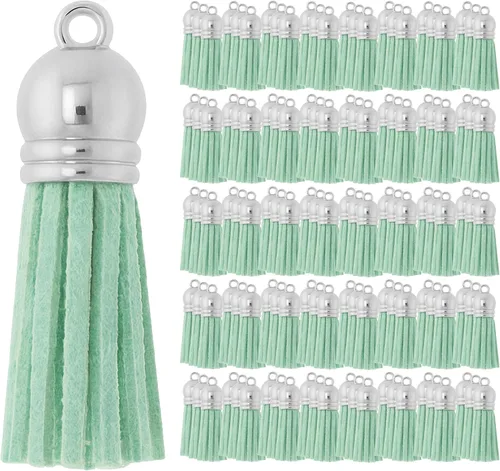 Miniatura 101 de Mandala Crafts 100 borlas de gamuza sintética color aguamarina con tapa dorada, suministros para hacer llaveros a granel, pequeñas borlas de cuero