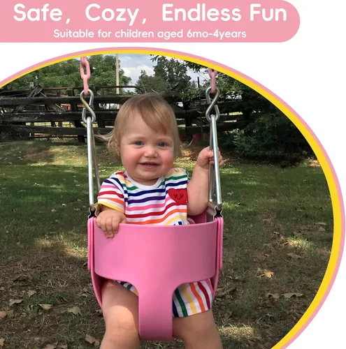 Miniatura 6 de Take Me Away - Asiento de columpio rosa con respaldo alto y cubo completo para bebés, cadena resistente con revestimiento de plástico para columpios