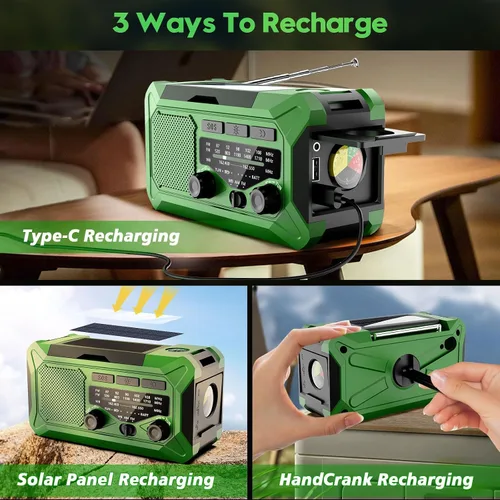 Miniatura 5 de Radio meteorológica con manivela de emergencia, radio solar de 10000 mAh AM/FM/NOAA con cargador de teléfono, carga USB, lámpara de lectura LED