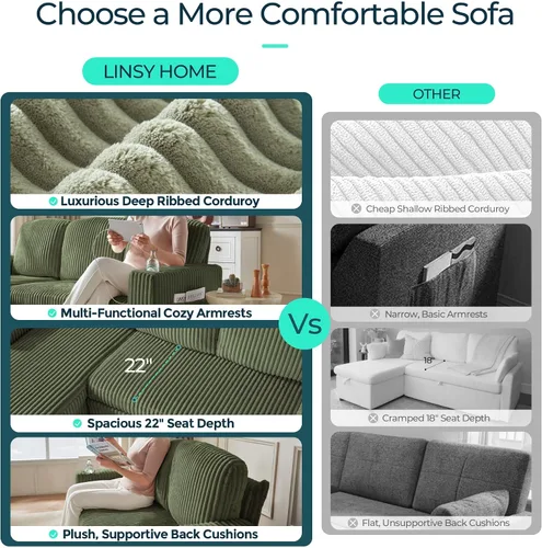 Miniatura 3 de LINSY HOME Sofá Seccional Cama con Sofá Cama Extraíble Convertible de Pana Suave Tipo Nube con Chaise de Almacenamiento y Carga USB, Cómodos Sofás