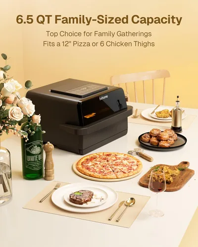 Miniatura 4 de Behome Horno de pizza para interiores y freidora de aire, tamaño familiar de 6.5 cuartos de galón con piedra para pizza, 9 preajustes de cocción