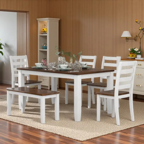 Miniatura 20 de LUMISOL Juego de 6 mesas de comedor de estilo rústico para 6, mesa de cocina de madera maciza de 60 pulgadas con banco y 4 sillas, acabado marrón