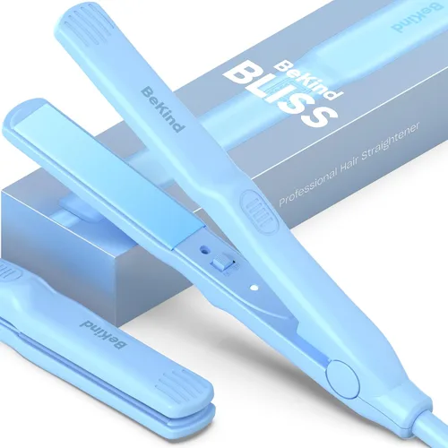 BeKind Bliss - Plancha de pelo pequeña de cerámica portátil de 0.7 pulgadas para cabello corto, flequillo, rizos, ligera, de doble voltaje, ideal
