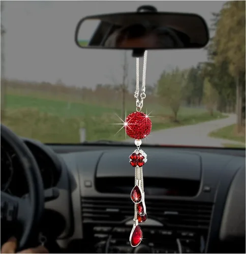 Miniatura 7 de Colgante brillante de bola y gotas para coche, adorno de espejo retrovisor de cristal para mujeres y niñas, accesorios universales brillantes