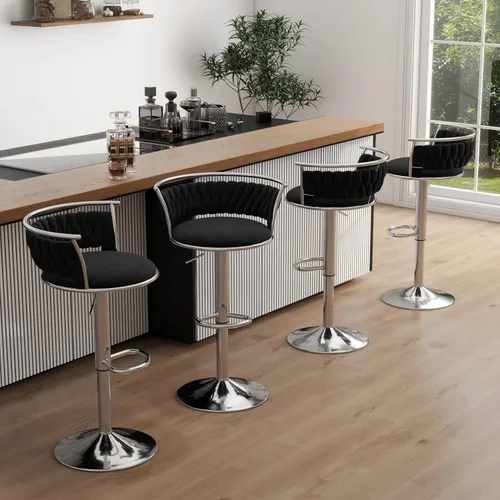 Miniatura 7 de Juego de 2 taburetes de bar giratorios de 360°, silla de bar de terciopelo ajustable a altura de mostrador moderna, taburete de metal plateado