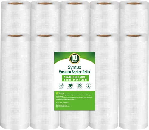 Syntus Bolsas selladoras al vacío, paquete de 10 unidades de 5 rollos de 11 pulgadas x 20 pies y 5 rollos de 8 x 20 pies de grado comercial sin BPA,