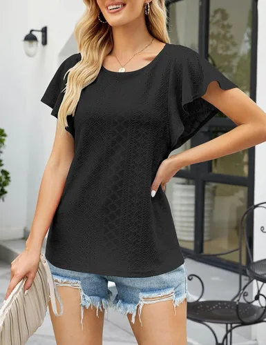 Miniatura 6 de MEROKEETY Camisetas de verano con mangas con volantes para mujer, cuello redondo, ajuste holgado, estilo casual