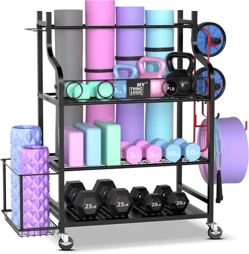 Miniatura 5 de Mythinglogic Estante de almacenamiento para esterilla de yoga, estante de almacenamiento de gimnasio en casa para mancuernas, rodillo de espuma