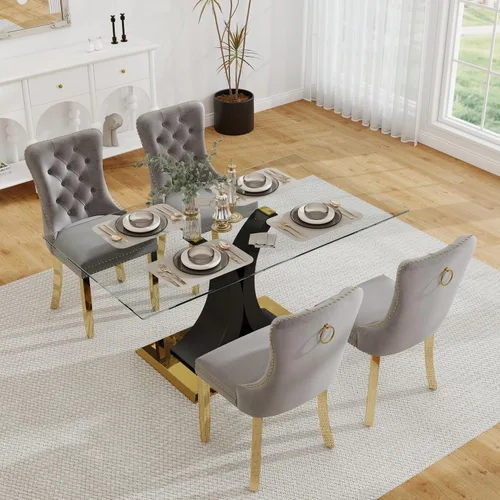 Miniatura 58 de Moderno juego de comedor de cristal de lujo para 6, 63 pulgadas, juego de vajilla rectangular minimalista grande para 6, juego de mesa de cocina