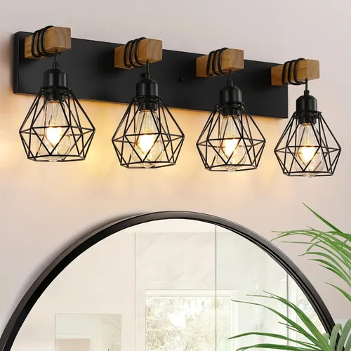 Miniatura 19 de Lámpara de tocador estilo casa de campo para baño, luminarias de tocador de baño de 2 luces negra dorada de madera sobre espejo, apliques rústicos