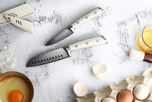 Miniatura 4 de Cangshan S+ Series 1022100 - Juego de cuchillos de iniciación Santoku de acero alemán forjado de 2 piezas con revestimiento de titanio, con vainas